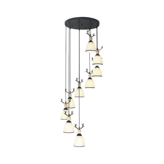 Contemporary Dome Stairs Swirl Pendant Light In Black With Opal Glass Accent Stylish Hanging