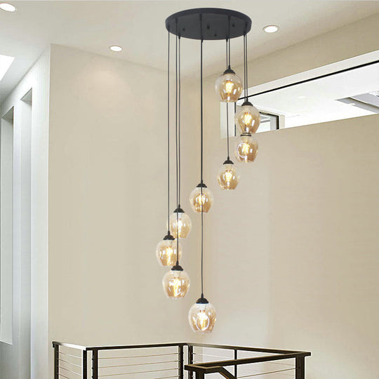 Modern Black Ceiling Lamp: 9-Head Corridor Multi Light Pendant With Dimpled Glass Shades 9 / Cognac