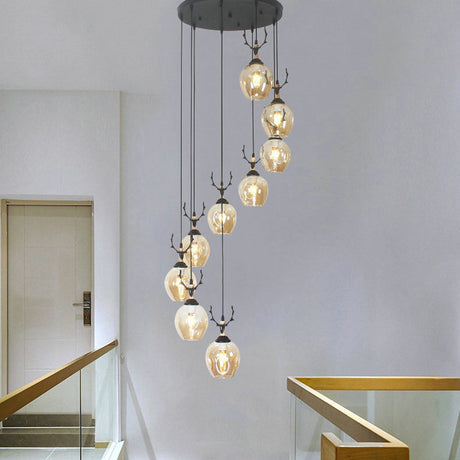 Modern Black Ceiling Lamp: 9-Head Corridor Multi Light Pendant With Dimpled Glass Shades 9 / Cognac