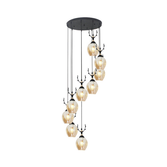 Modern Black Ceiling Lamp: 9-Head Corridor Multi Light Pendant With Dimpled Glass Shades