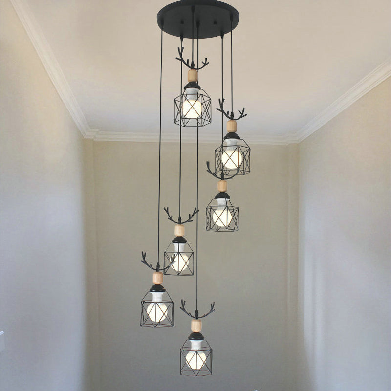 Modernist Black Hexagon Cage Pendant Lamp With Spiral Design - Metal Multiple Hanging Light 6 / B