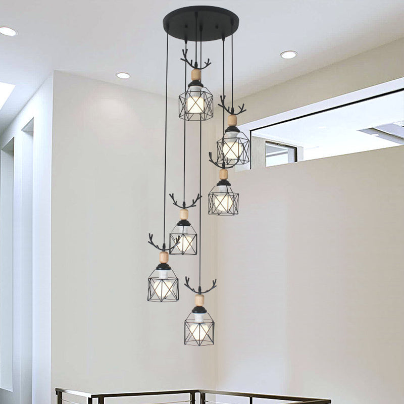 Modernist Black Hexagon Cage Pendant Lamp With Spiral Design - Metal Multiple Hanging Light