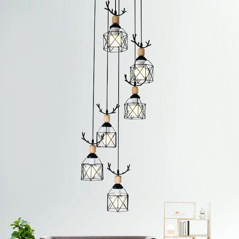 Modernist Black Hexagon Cage Pendant Lamp With Spiral Design - Metal Multiple Hanging Light