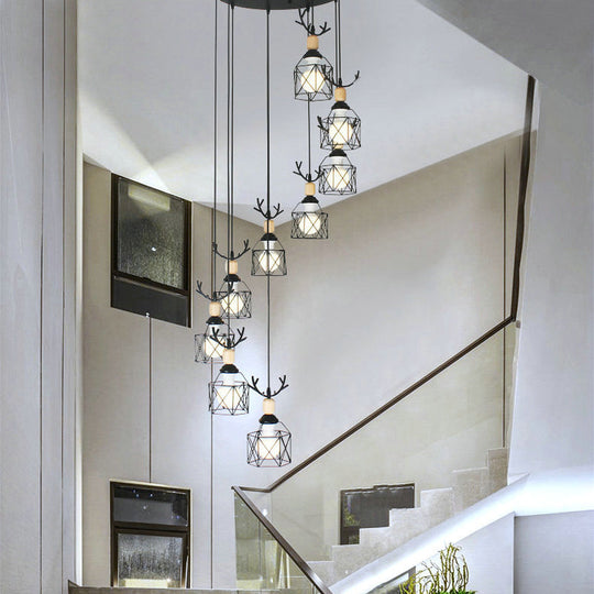 Modernist Black Hexagon Cage Pendant Lamp With Spiral Design - Metal Multiple Hanging Light