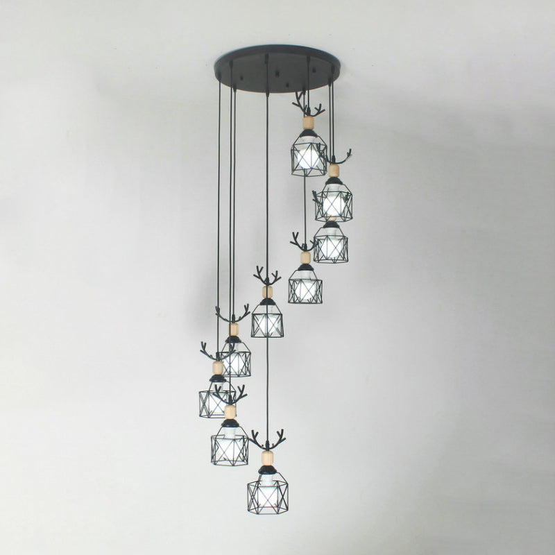 Modernist Black Hexagon Cage Pendant Lamp With Spiral Metal Design