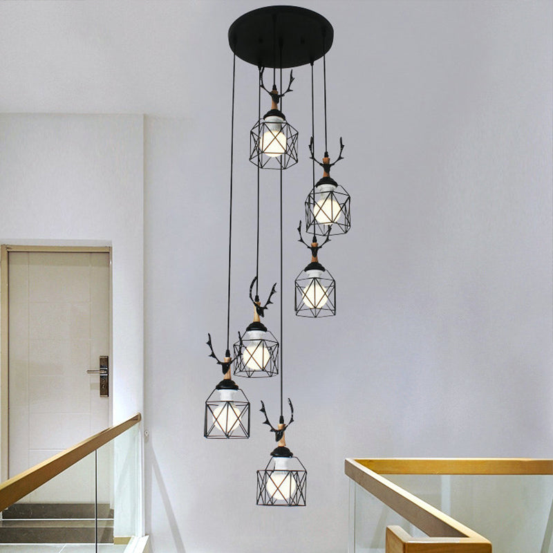 Modernist Black Hexagon Cage Pendant Lamp With Spiral Metal Design