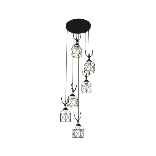 Modernist Black Hexagon Cage Pendant Lamp With Spiral Design - Metal Multiple Hanging Light