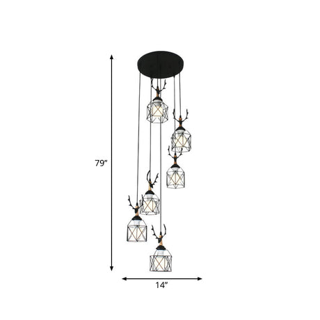 Modernist Black Hexagon Cage Pendant Lamp With Spiral Metal Design
