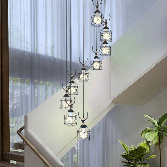 Modernist Black Hexagon Cage Pendant Lamp With Spiral Design - Metal Multiple Hanging Light 9 / C