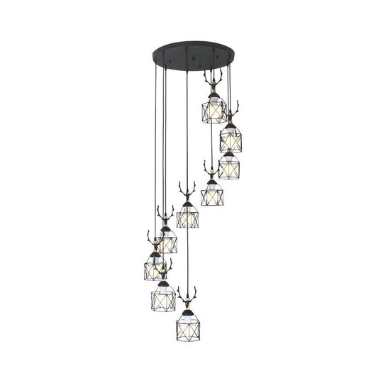 Modernist Black Hexagon Cage Pendant Lamp With Spiral Design - Metal Multiple Hanging Light