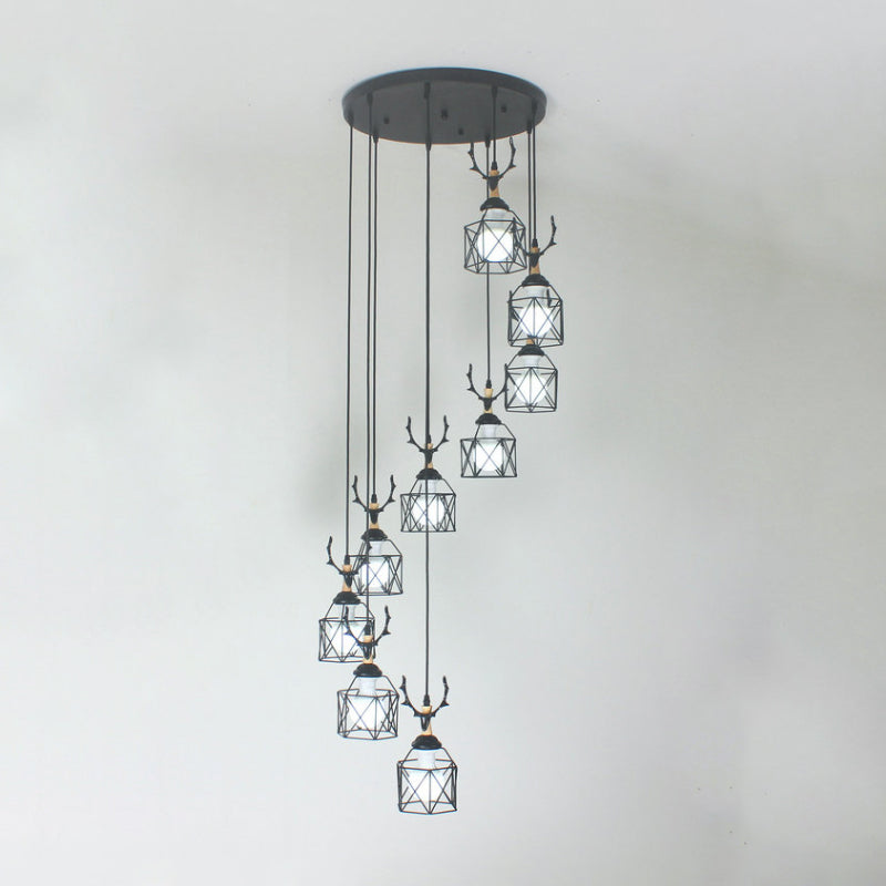 Modernist Black Hexagon Cage Pendant Lamp With Spiral Design - Metal Multiple Hanging Light