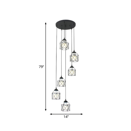 Modernist Black Hexagon Cage Pendant Lamp With Spiral Metal Design
