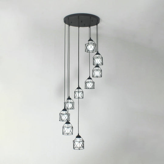 Modernist Black Hexagon Cage Pendant Lamp With Spiral Design - Metal Multiple Hanging Light