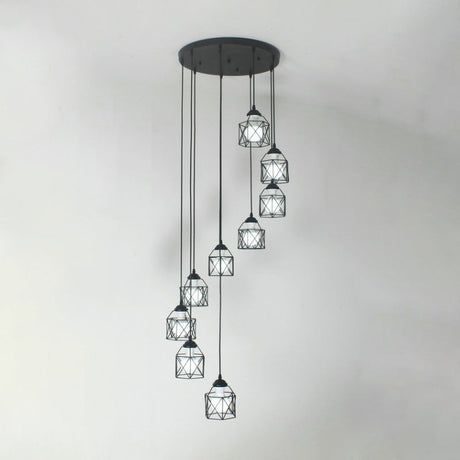 Modernist Black Hexagon Cage Pendant Lamp With Spiral Metal Design