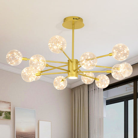 Modern Metal Led Chandelier With Orb Glass Shade For Living Room - Starburst Hanging Ceiling Light