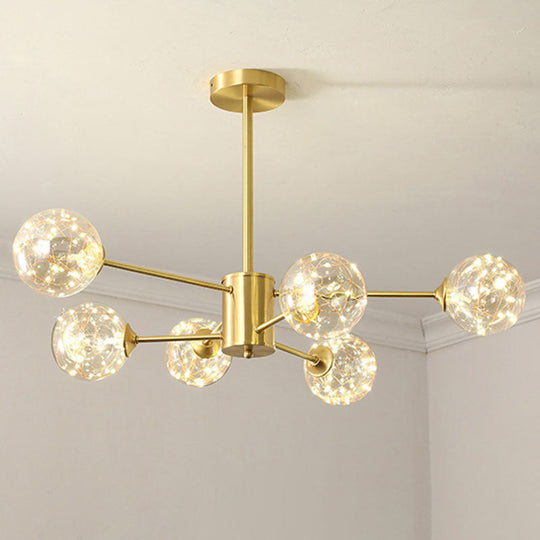 Modern Led Starry Drop Chandelier - Radial Metal Design With Clear Glass Orb Shade 6 / Gold Natural