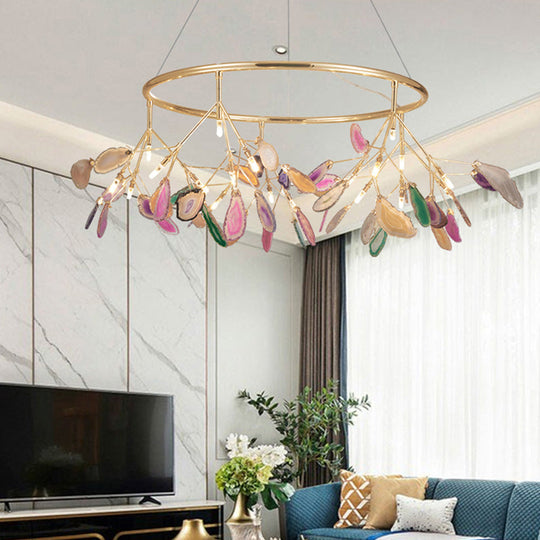 Modern Leaf Agate Pendant Chandelier - Led Gold Hanging Light For Living Room