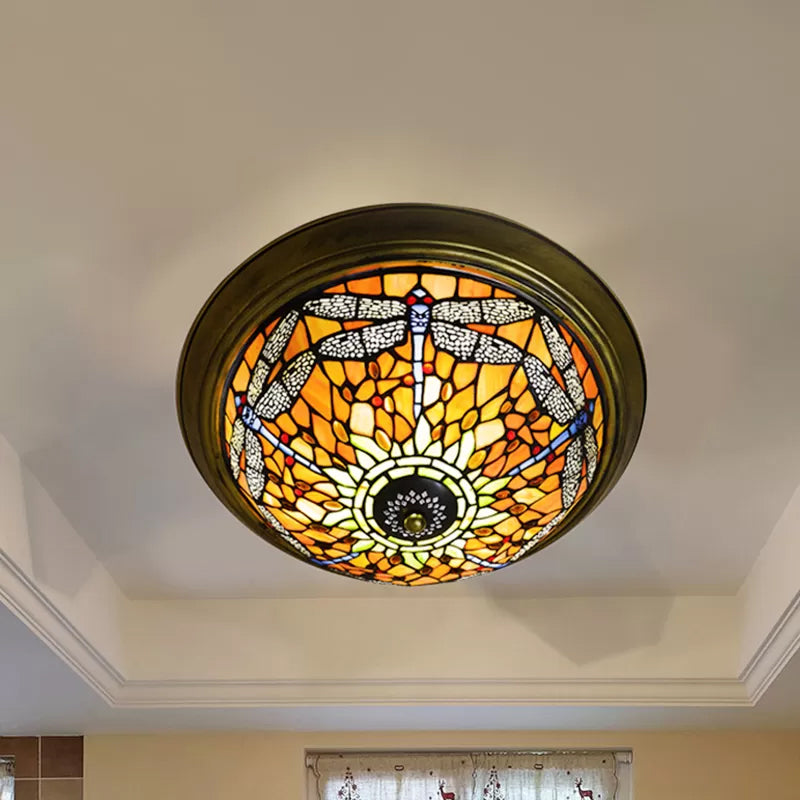 Rustic Dragonfly Stained Glass Ceiling Light - 19.5’/15’ Width Orange Indoor Flush Mount
