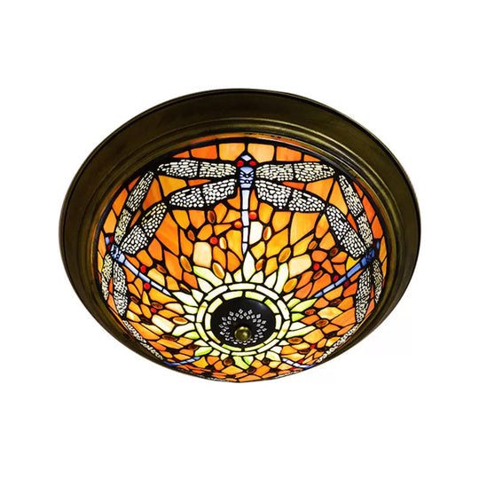 Rustic Dragonfly Stained Glass Ceiling Light - 19.5/15 Width Orange Indoor Flush Mount