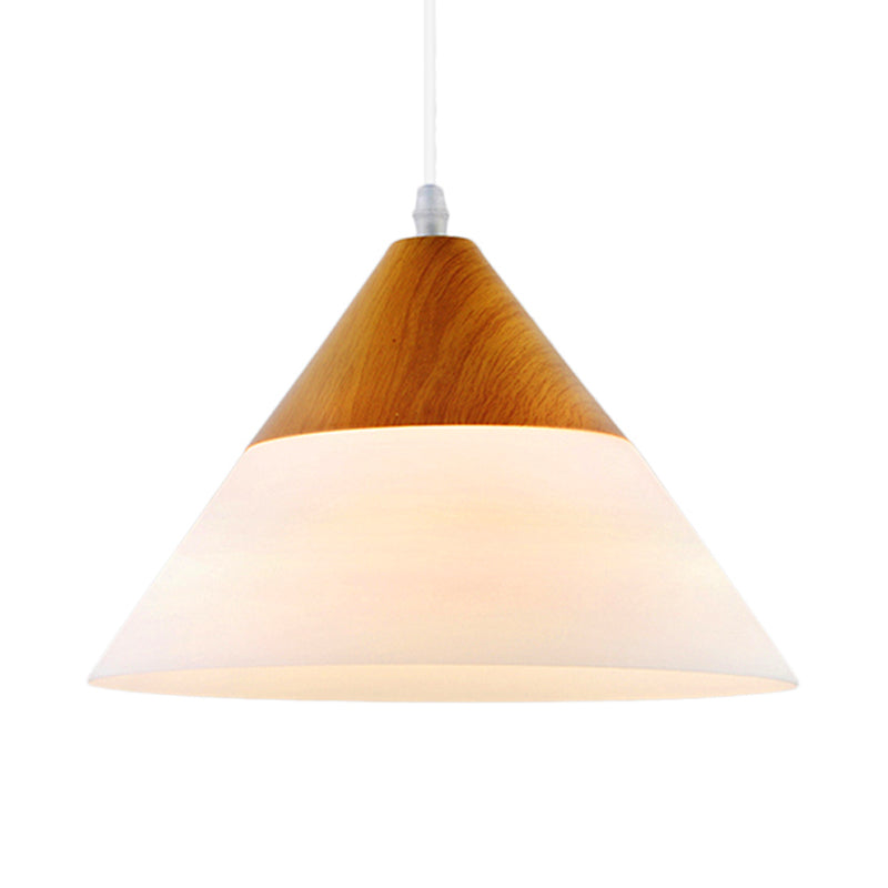 Natural Wood Cone Milk Glass Suspension Pendant Light - Modern 1-Light Fixture (5’/7.5’/10.5’ Wide)