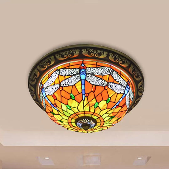 Rustic Dragonfly Stained Glass Ceiling Light - 19.5’/15’ Width Orange Indoor Flush Mount / 19.5’