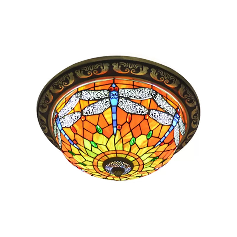 Rustic Dragonfly Stained Glass Ceiling Light - 19.5’/15’ Width Orange Indoor Flush Mount