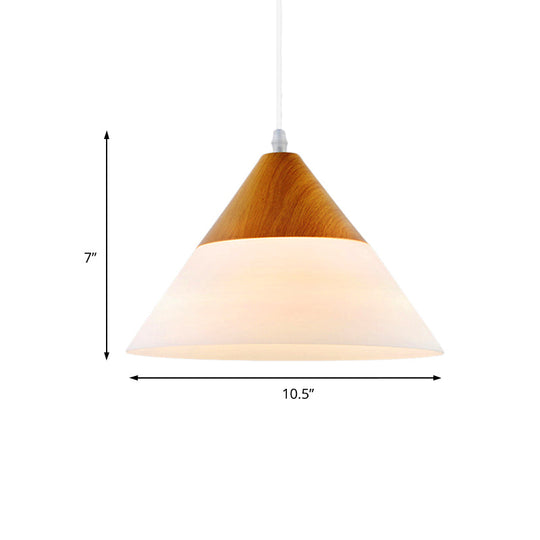 Modern Cone Milk Glass Suspension Pendant - Natural Wood Hanging Light Fixture (1-Light 5/7.5/10.5
