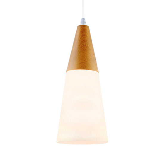 Modern Cone Milk Glass Suspension Pendant - Natural Wood Hanging Light Fixture (1-Light 5/7.5/10.5