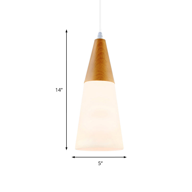 Natural Wood Cone Milk Glass Suspension Pendant Light - Modern 1-Light Fixture (5’/7.5’/10.5’ Wide)