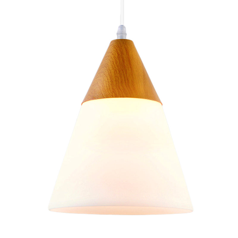 Modern Cone Milk Glass Suspension Pendant - Natural Wood Hanging Light Fixture (1-Light 5/7.5/10.5