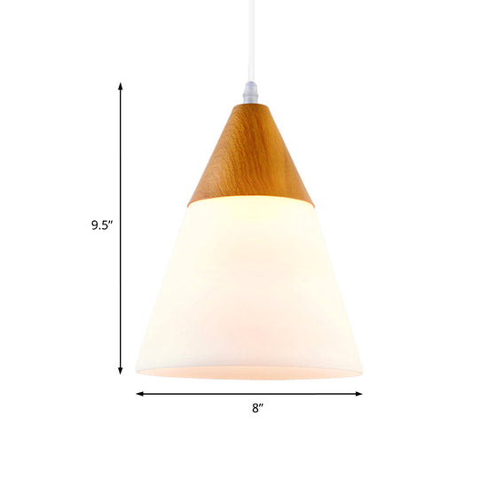 Modern Cone Milk Glass Suspension Pendant - Natural Wood Hanging Light Fixture (1-Light 5/7.5/10.5