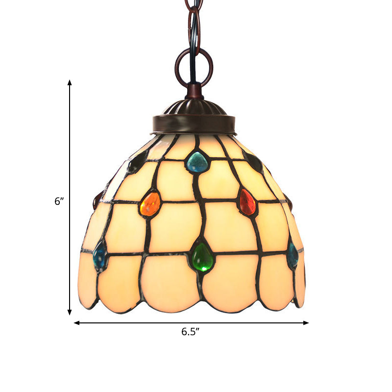 Victorian Lattice Dome 1-Light Hanging Lamp Kit - White Glass Copper Suspension Light With Gem