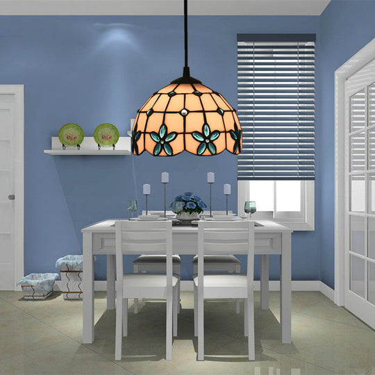 Tiffany Lattice Bowl White Glass Jeweled Flower Pendant Light Kit For Dining Room