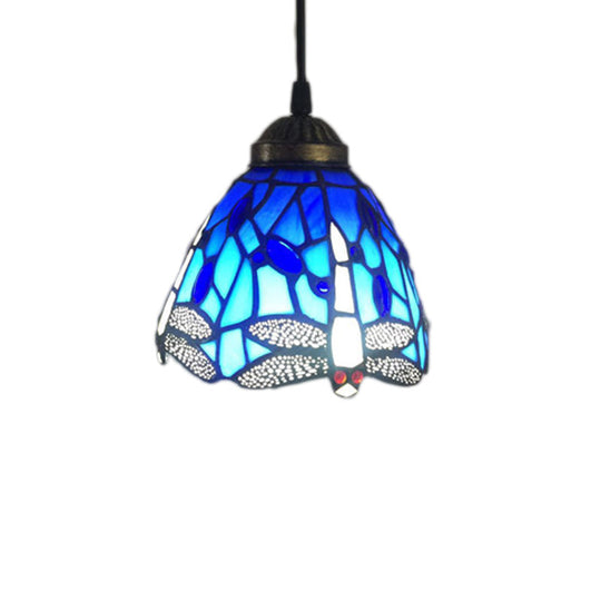 Baroque Dragonfly Stained Glass Pendant Light With 1-Bulb Drop - Bell