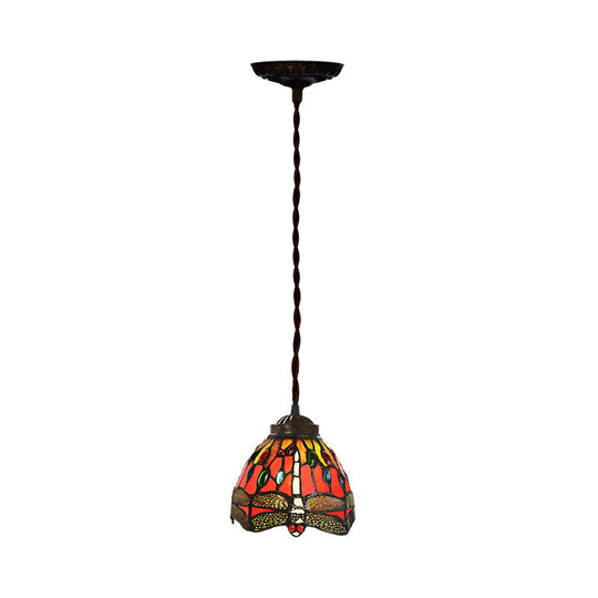 Tiffany Red Dragonfly Pendant Lamp With Stained Glass Shade For Dining Room - Single Bulb Kit