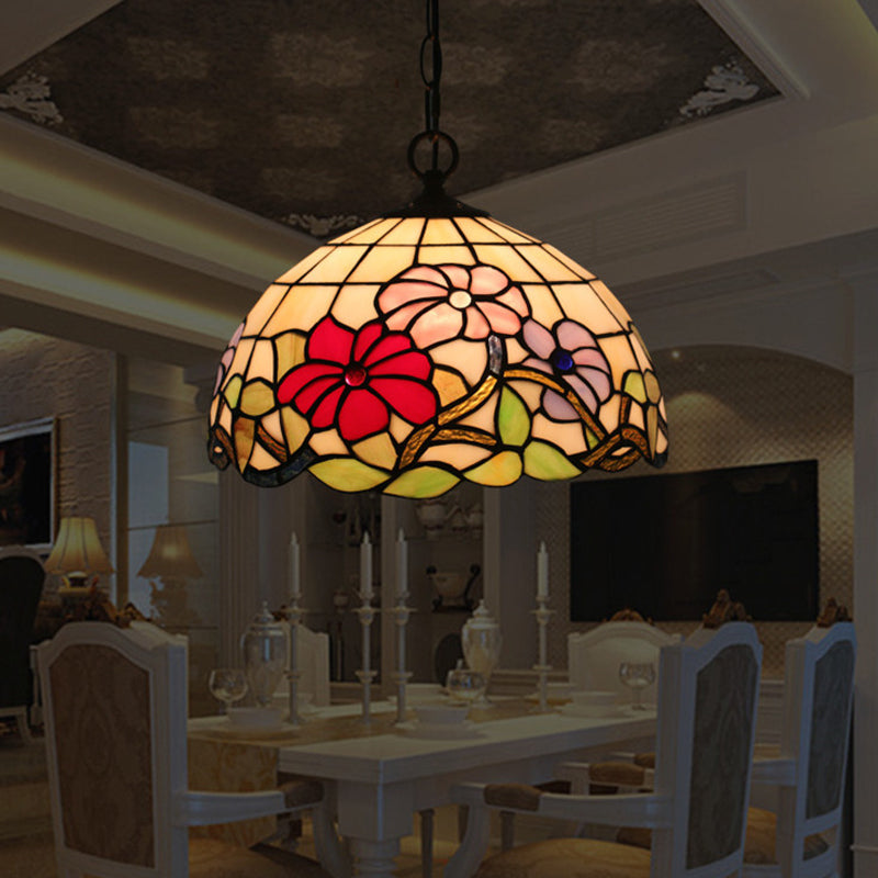 Tiffany Style Black Floral Drop Pendant Light For Dining Room With Handcrafted Glass Shade