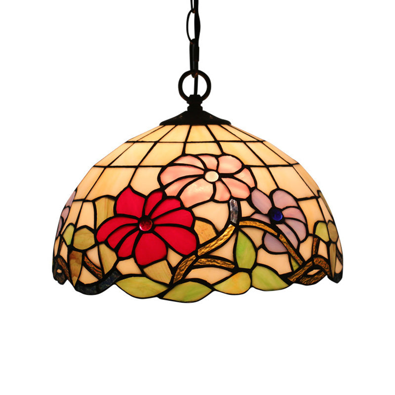 Tiffany Black Floral Patterned Pendant Light Kit With Hand Cut Glass Shade For Dining Room