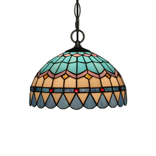 Tiffany Stained Glass Pendant Light - Lattice Bowl Design 1-Light Blue Suspension Lamp For Dining