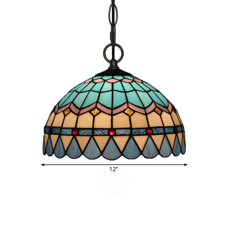 Tiffany Stained Glass Pendant Light - Lattice Bowl Design 1-Light Blue Suspension Lamp For Dining
