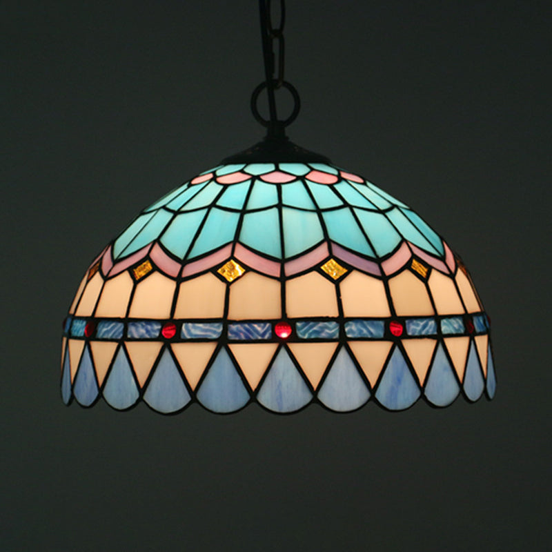 Tiffany Stained Glass Pendant Light - Lattice Bowl Design 1-Light Blue Suspension Lamp For Dining