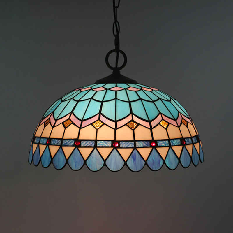 Tiffany Stained Glass Pendant Light - Lattice Bowl Design 1-Light Blue Suspension Lamp For Dining
