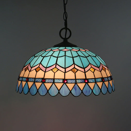 Tiffany Stained Glass Pendant Light - Lattice Bowl Design 1-Light Blue Suspension Lamp For Dining
