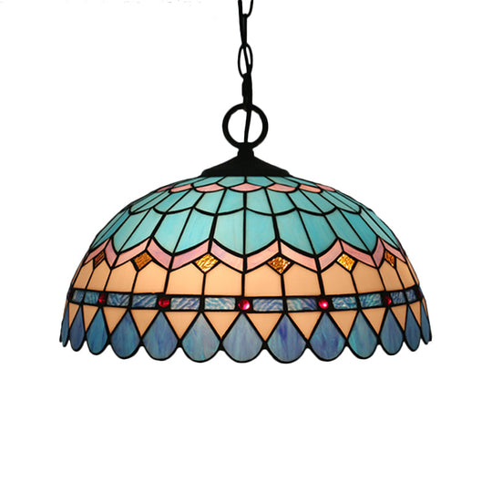Tiffany Stained Glass Pendant Light - Lattice Bowl Design 1-Light Blue Suspension Lamp For Dining
