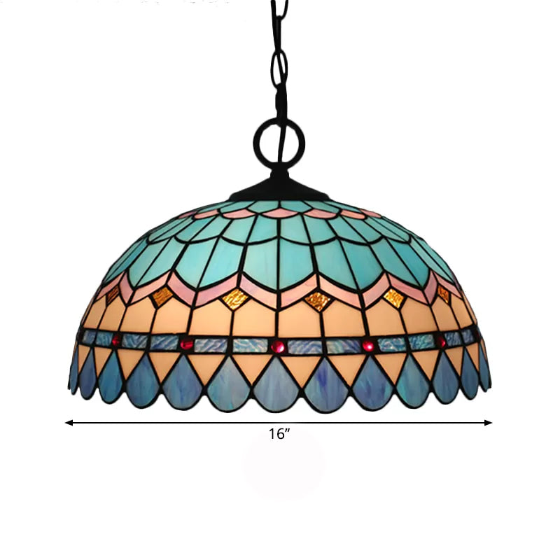 Tiffany Stained Glass Pendant Light - Lattice Bowl Design 1-Light Blue Suspension Lamp For Dining