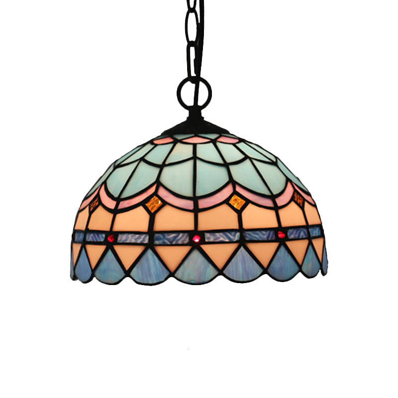 Tiffany Stained Glass Pendant Light - Lattice Bowl Design 1-Light Blue Suspension Lamp For Dining