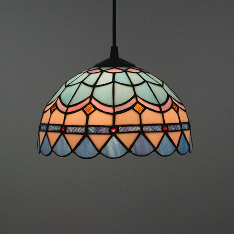 Tiffany Stained Glass Pendant Light - Lattice Bowl Design 1-Light Blue Suspension Lamp For Dining