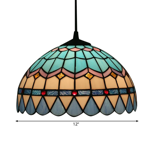 Tiffany Stained Glass Pendant Light - Lattice Bowl Design 1-Light Blue Suspension Lamp For Dining