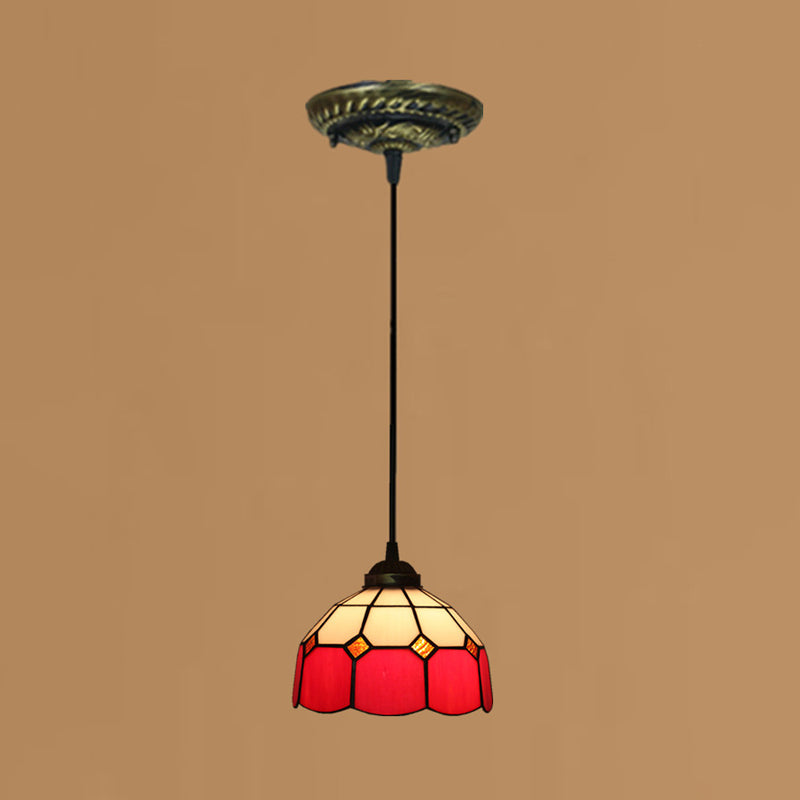 Tiffany Style Stained Art Glass Pendant Light - Domed Drop Design With 1-Light For Hanging Ceiling