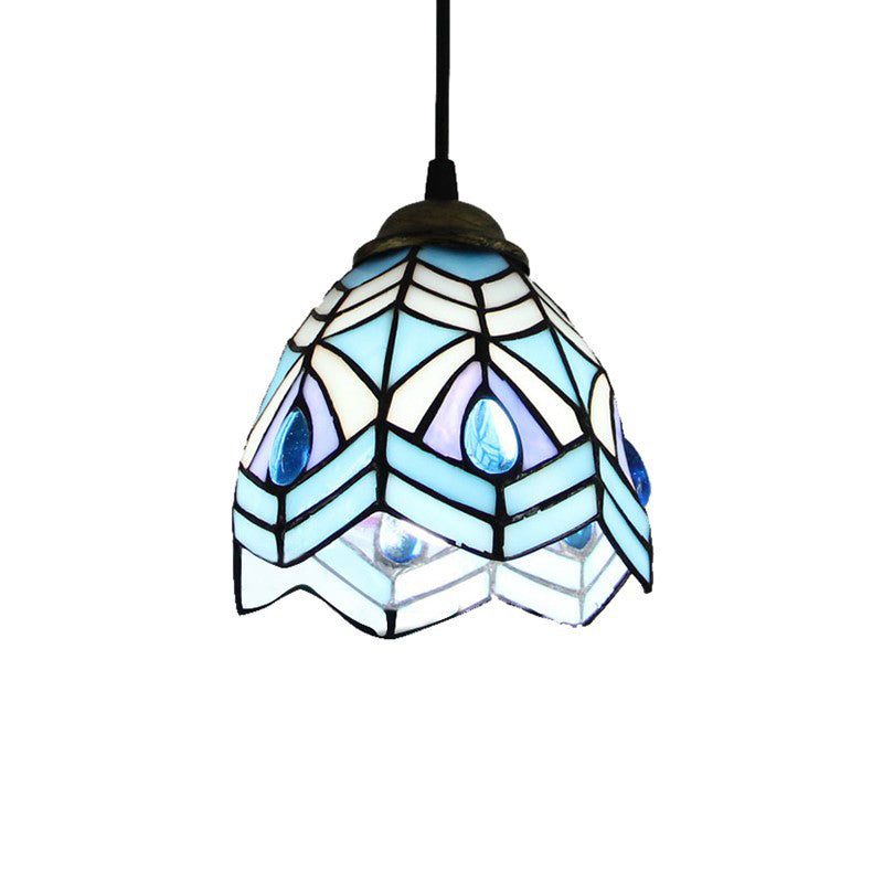 Baroque 1-Light Brass Bell Pendant Lamp - Handcrafted Stained Glass Stylish Drop Fixture Blue