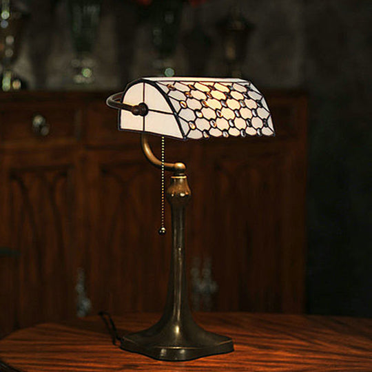 Tiffany Glass Banker Lamp With Pull Chain - Elegant Jeweled White Design For Nightstand Lighting